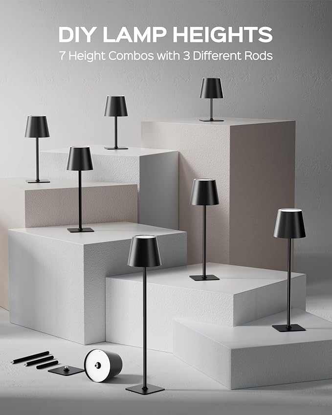 JACKYLED Cordless Lamp DIY Height, 3 Color Stepless Dimming, 5000mAh Battery Operated Lamp Portable Rechargeable for Bedroom Dinning Kitchen, Metal Black, 1 Pack