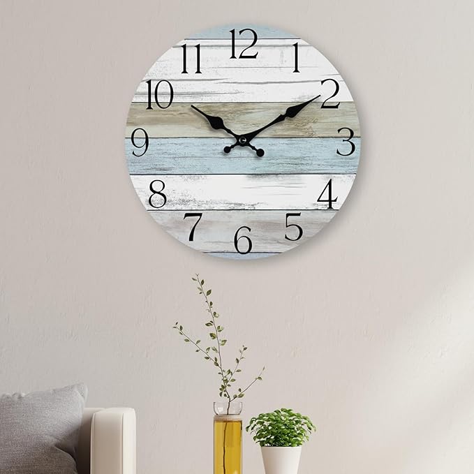 HYLANDA Wall Clock, 12 Inch Wall Clocks Battery Operated Silent Non Ticking, Wooden Clocks Decorative for Kitchen, Bathroom, Bedroom, Living Room Blue