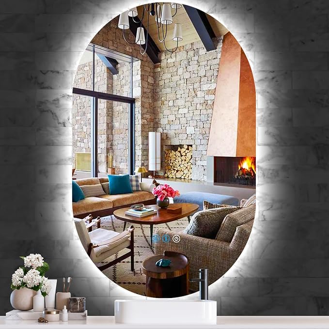 THEKLA 20 x 40 Inch Oval Lighted Vanity Mirror with Lights Backlit Smart Memory 3 Color Dimmable AntiFog 40" Frameless LED Oval Backlit Mirror for Bathroom Salon Makeup Wall Vertical/Horizontal Mount