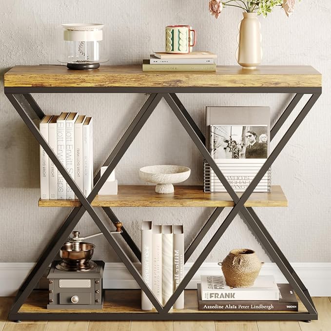 Garvee 3-Tier Entryway Table, Industrial Console Sofa Table with Storage, Accent Table with Open Shelves, X-Shaped Metal Frame, Foyer Table for Entryway, Hallway, Rustic Brown