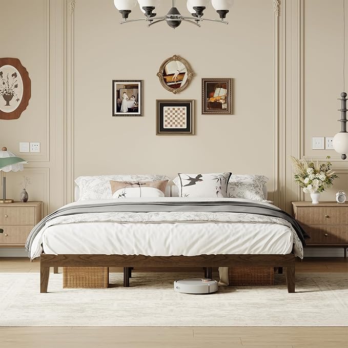 Cal King Size Wood Platform Bed Frame, 12 Inch Solid Wood Bed Frame with Wooden Slats, No Box Spring Needed, Easy Assembly,Espresso