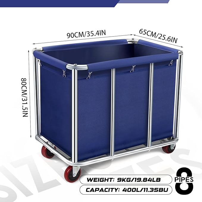 Commercial Laundry Cart with Wheels, 11.35 Bushel Large Laundry Tumbler with Removable Waterproof Canvas Lined Basket, Heavy Duty Stainless Steel Laundry Basket for Hotels and Hospitals
