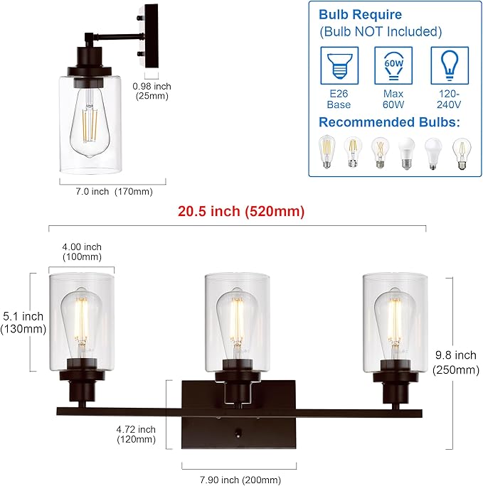 MELUCEE 3 Light Bathroom Vanity Light Oil Rubbed Bronze, Industrial Wall Light Fixture with Clear Glass Shade Sconces for Bedroom Porch Kitchen Living Room (Patent No.: US D963914 S)