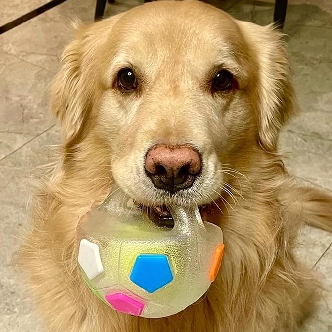 The Mellow Dog Calming Ball with Handle, Interactive Football Shape Dog Toy, Treat Dispensing & Lick Ball with Squeaker, Floating Toss and Fetch Toy for Small Medium Large Dogs(White+Black-A)