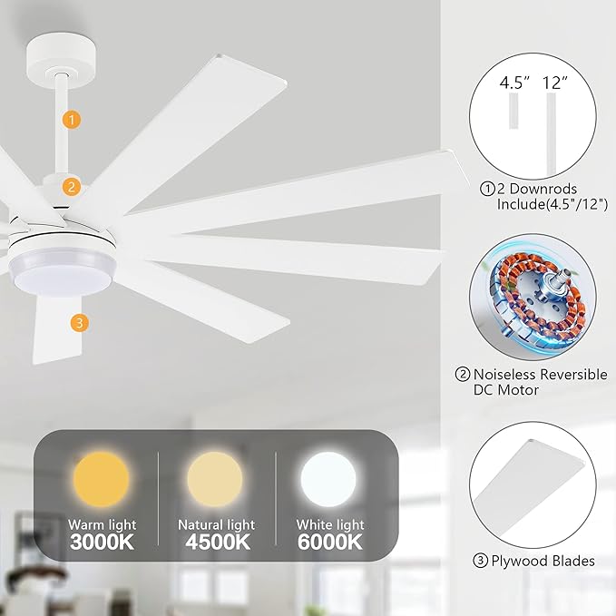 64" Ceiling Fan with Light White, 6-Speed Remote Control, Reversible DC Motor, Modern 9 Blades with 4.5"/12" Downrods for Home or Commercial, Living Room/Restaurant
