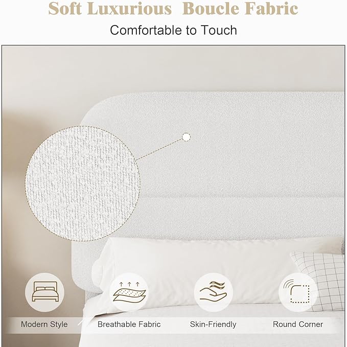 HOMBCK Twin Bed Frames with Headboard, Boucle Upholstered Platform Bed Twin Size for Kids, Rounded Corners & Thickened Footboard, No Box Spring Needed/Easy Assembly, White