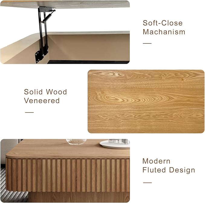 38.6" Lift Top Fluted Coffee Table with Storage, Rectangle Coffee Table with Solid Wood Veneered, Modern Wooden Center Table, Accent Tea Table for Living Room Apartment, Natural