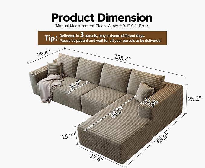 135.4" Cloud Modular Sectional Sofa Couch with L-Shape Chaise,Modern Minimalist Upholstered Couches for Living Room Bedroom,Deep Seat Corner Couch，No Assembly Required (Camel,Right Facing Chaise)