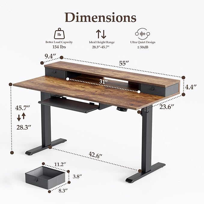 Klicelor 55 Inch Electric Standing Desk with Drawers and Keyboard Tray, Height Adjustable Desks for Home Office, Sit Stand Up Computer Workstation with Two Pieces, Rustic Brown