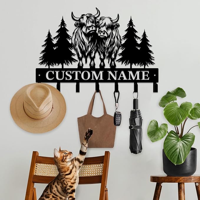 Personalized Highland Cow Metal Keys Hooks,Custom Name Metal Highland Cow Keys Hooks,Black Metal Highland Cow Wall Home Storage Decorative Keys Hooks,Key Holder Hooks for Wall (Style I)