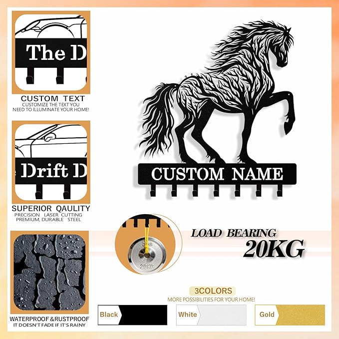 Personalized Horse Key Holder Wall Mount, Custom Metal Keys Hanger for Wall with Name, Custom Key Rack Holder with Hooks for Home, Entryway, Front Door, Living Room, Kitchen, Bathroom