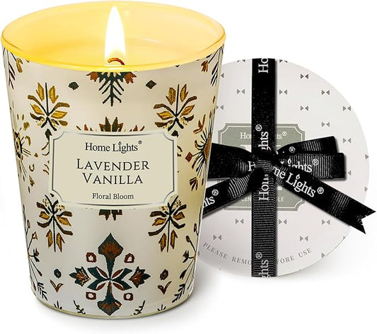HomeLights Soy Wax Candles for Home Scented, 1-Wick Candles in Lavender Vanilla Scented, Aromatherapy Candles Gift for Parties, Relaxing, Bohemian Natural Textures, 6.7oz