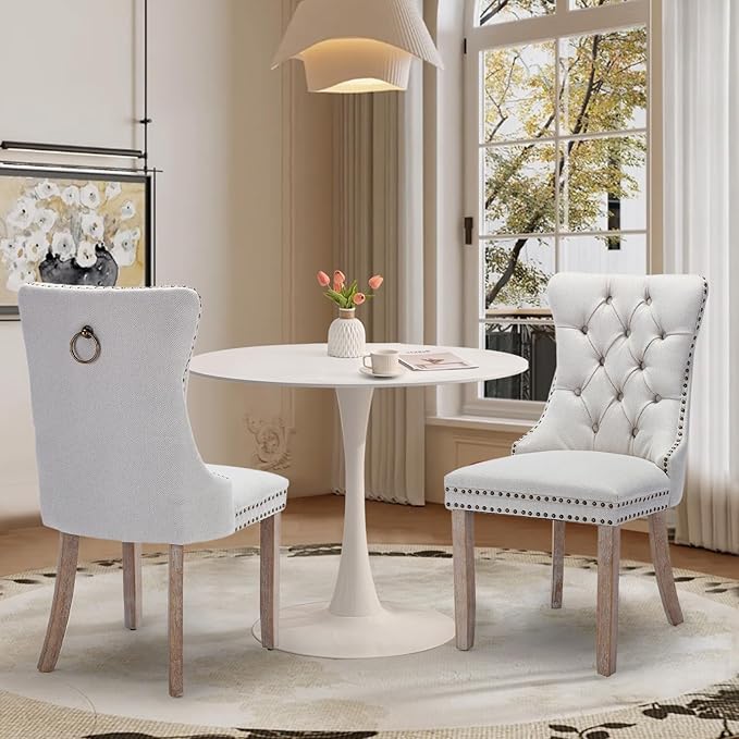 SoarFlash Kitchen Table and Chairs for 2, 31.5" Dining Table Set for 2 with Linen Upholstered Chairs, 3 Piece Round Kitchen Table Set, Dining Room Table Set for Small Space, Apartment, Beige/White