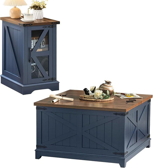 Farmhouse Coffee Table Sets 2 Pieces, Narrow Night Stand with Glass Barn Door Storage, Large Coffee Tables with Hidden Storage Organizer, Wood Furniture Sets for Living Room, Office, Blue