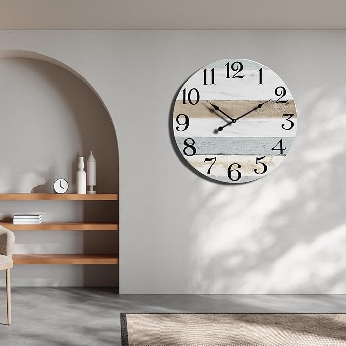 24 Inch Wall Clock Wood Round Silent Non-Ticking Clock,Large Rustic Farmhouse Blue Wall Clock with Battery Operated Vintage Decorative Clock for Living Room Kitchen Decor