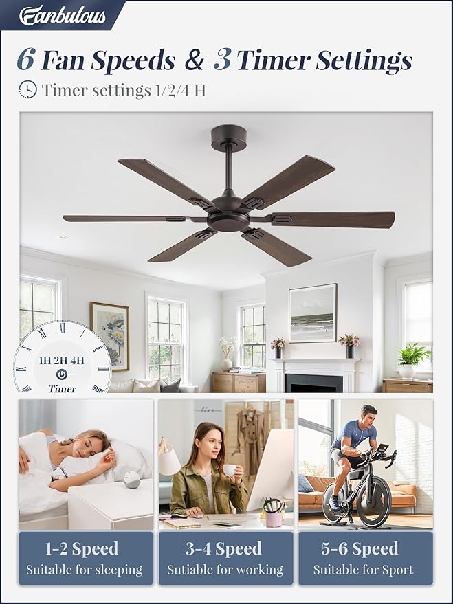 Fanbulous 52 Inch Ceiling Fans No Light with Remote, Modern Ceiling Fan Without Light, Dual Finish 6 Blades, Reversible DC Motor, 6 Speed, Large Ceiling Fan for Indoor or Covered Outdoor, Oil Bronze