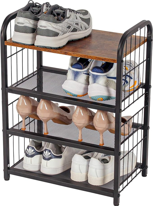 Shoe Rack, 4-Tier Shoe Organizer with Guardrails, Heavy-Duty Metal Mesh Shelves & Rustic Wooden Top for Stylish Closet & Front Door Storage
