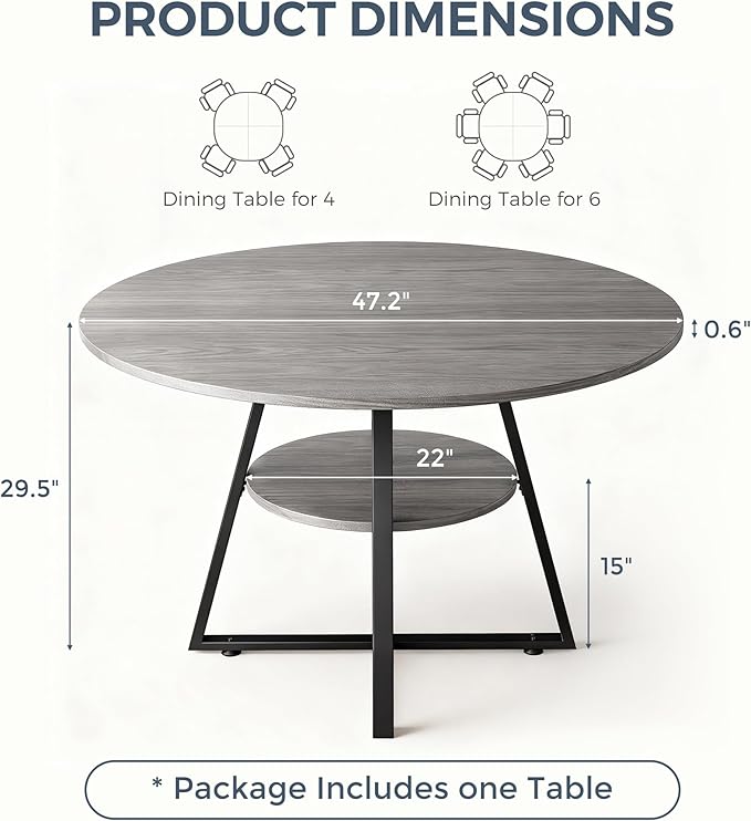 47" Round Dining Table for 4, Kitchen Dining Table with Storage, Wood Circle Dinner Table, Space Saving Dining Room Furniture for Kitchen, Living Room