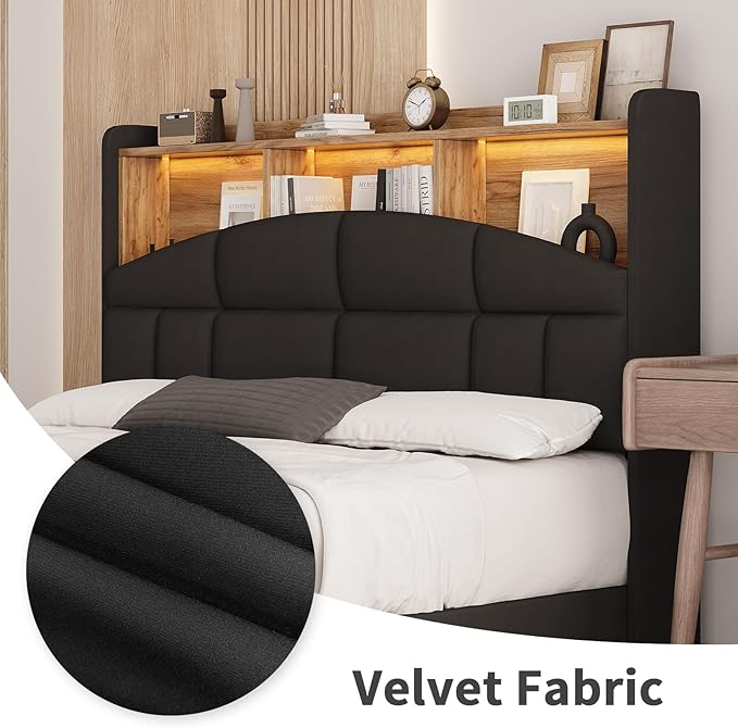 Queen Bed Frame with Headboard and LED Lights, Velvet Upholstered Bed Frame with Wooden Slats Support, No Box Spring Needed, No Noise, Black