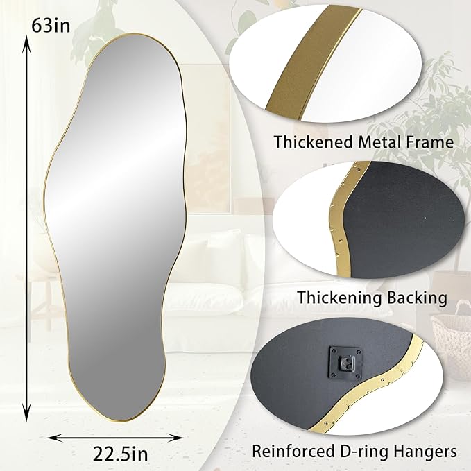 Irregular Mirror Full Length, 63"x22.5" Asymmetrical Wall Mirrors with Gold Metal Frame, Large Modern Abstract Unique Shaped Mirror for Living Room Bathroom Bedroom Hallway Entryway