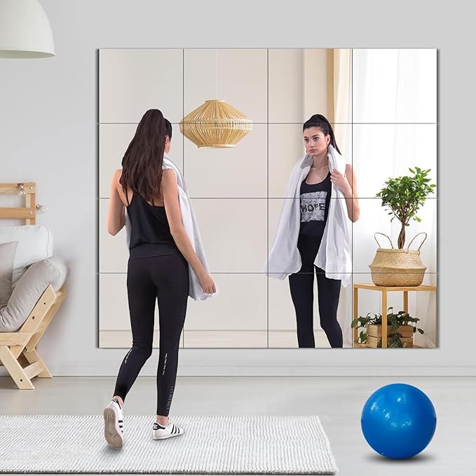 Full Length Wall Mirror Tiles, 12"x 12" x 12Pcs Acrylic Mirror Wall-Mounted, Shatterproof Non Glass Safety Mirrors Great for Baby Kids Playroom