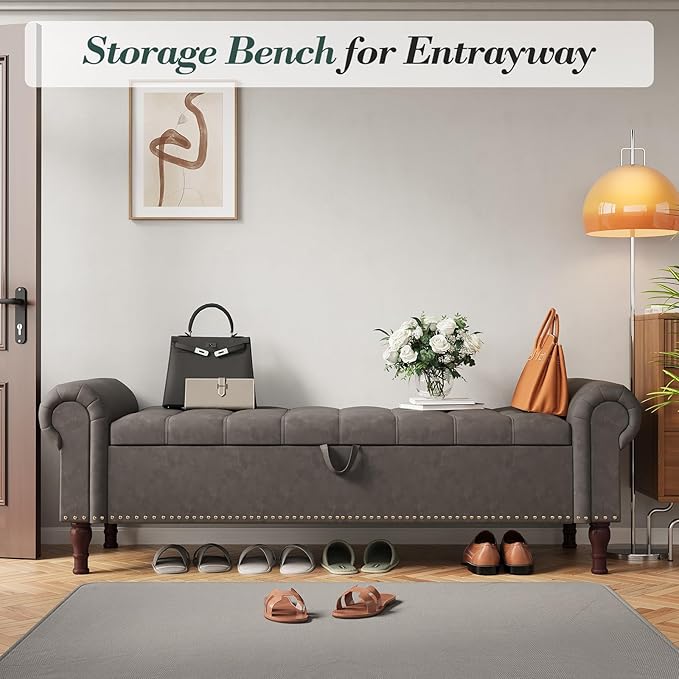 Apicizon 60” Bench with Storage, Upholstered Tufted Button Bedroom Bench with Storage, Faux Leather End of Bed Bench with Rolled Arms, Storage Ottoman Bench for Bedroom, Living Room, Entryway, Gray