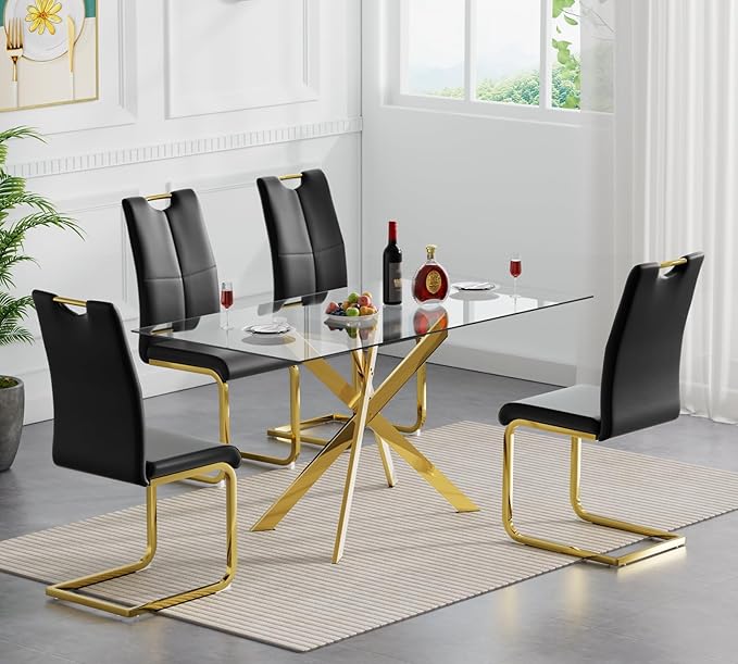 Goujxcy Gold Dining Table Set for 4, Glass Kitchen Table with Chair Set, Modern 51" Rectangle Glass Dining Table and 4 Black PU Leather Chairs with Metal Frame for Kitchen Dining Room