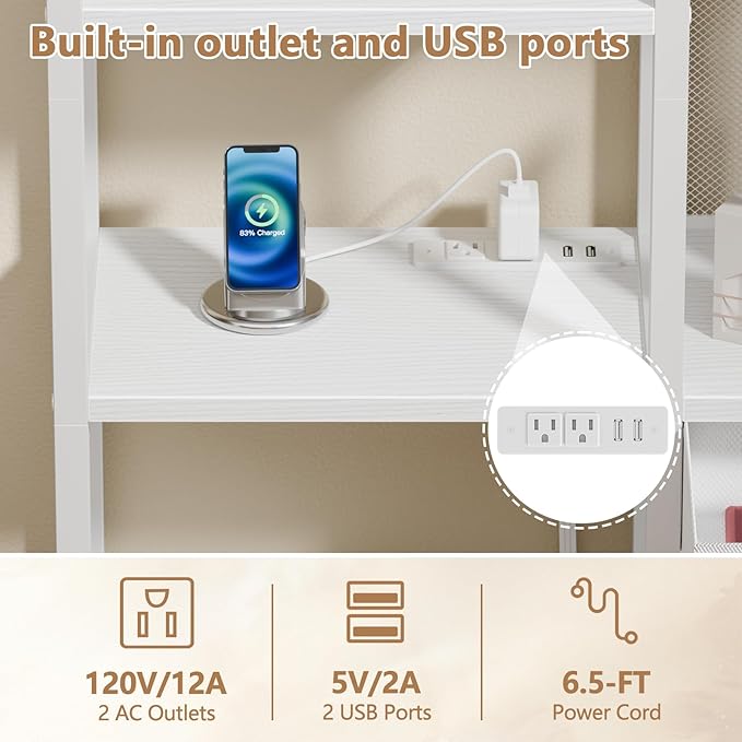 Furologee Bookshelf with USB Ports and Outlets, Shelf with Drawer, Mordern Display Shelves with Charging Station, 6 Tier Storage Shelves for Bedroom, Living Room, Home Office, White