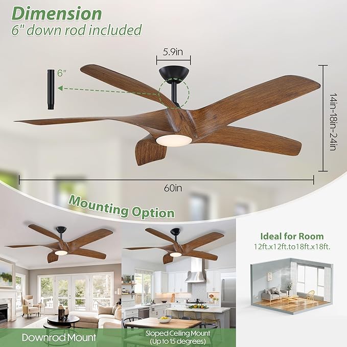 60 Inch Ceiling Fans with Lights and Remote,5 Blades Large Walnut Ceiling Fan, Outdoor Ceiling Fan with 6 Speeds,Reversible DC Motor, Timer for Living Room, Farmhouse, Patio(Dark Brown)