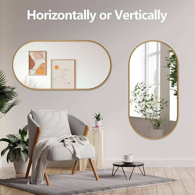 Oval Full Length Mirror, 60"×30" Wall-Mounted Mirror with Metal Frame, Ultra-Clear Explosion-Proof Dressing Mirror, Simple and Classic Deco for Cloakroom/Bedroom/Living Room, Gold