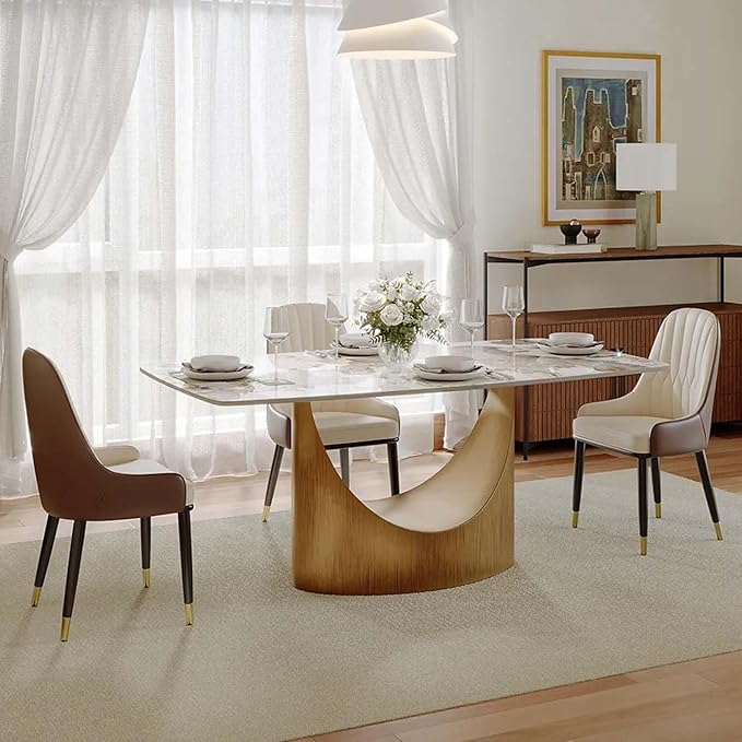 POVISON 63" Hobart Dining Table for 4, Rectangular Dining Table, Glossy Pandora Sintered Stone Tabletop with Bronze Carbon Steel Base for Dining Room (Table Only)