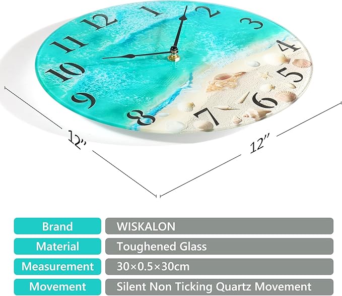 Coastal Nautical Glass Wall Clock with Seashell Design and Aesthetic Beach Theme - Battery Operated Silent Wall Decor for Home, Kitchen, Living Room, Office, Bedroom, or Bathroom (12 Inch,Teal)
