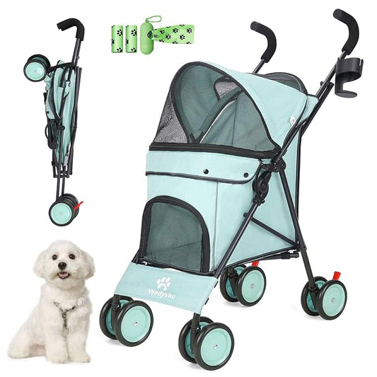 Umbrella Dog Stroller, Foldable Pet Stroller for Small Dogs Cats, 4 Wheels Pet Strolling Cart with Carrying Strap and Cup Holder, Breathable and Visible Mesh, Dog Poop Bags & Dispenser (Tealblue)
