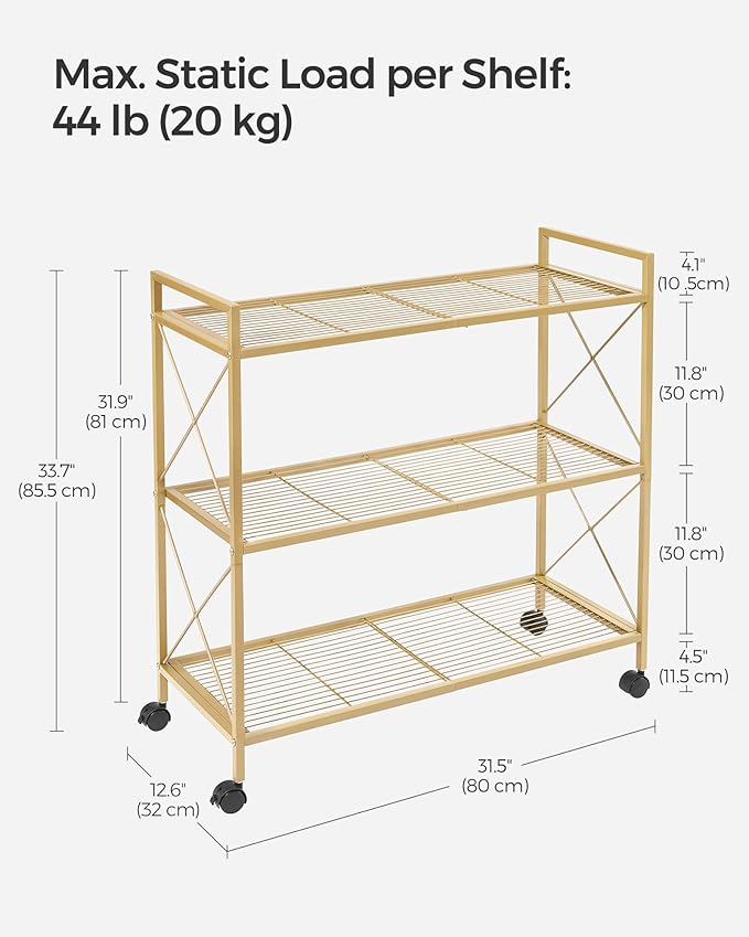 SONGMICS 3-Tier Metal Storage Rack with Wheels, Mesh Shelving Unit with X Side Frames, 31.5-Inch Width, for Entryway, Kitchen, Living Room, Bathroom, Industrial Style, Metallic Gold UBSC183A01