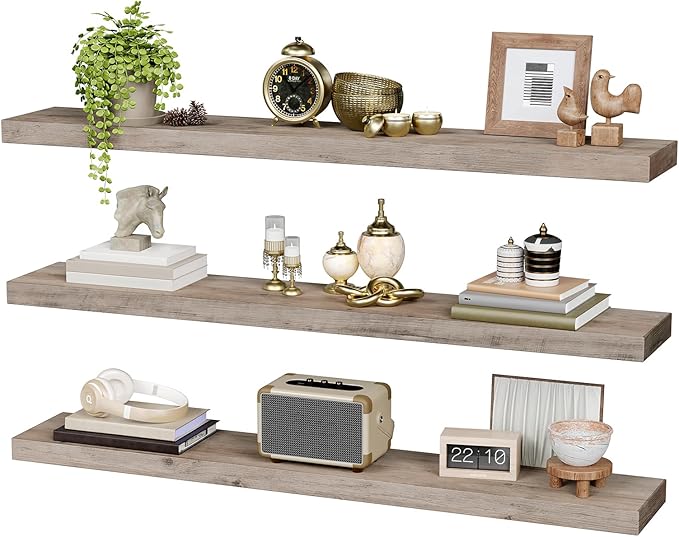 Floating Shelves for Wall, 1.5" Thick Wall Shelf Set of 3 with Invisible Brackets, L47.2 x W7.9 Hanging Book Shelves Farmhouse Home Decor for Bathroom, Living Room, Bedroom, Greige 12301BJP3BG