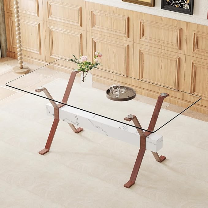 Glass Dining Table 71"｜Modern Dining Table for 6｜0.4" Thick Tempered Glass Top｜Walnut Pattern Metal Legs｜Marble Crossbar｜Easy Assembly｜Perfect for Dining Room or Kitchen