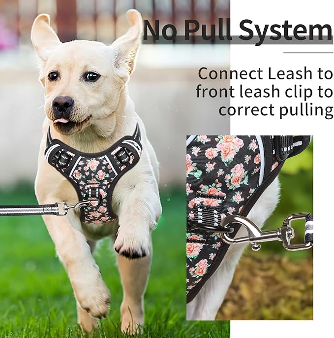 HEELE Dog Harness Harness for Small Dogs No Pull Dog Vest Harness for Small Dog with Soft Padded Handle Reflective for Outdoor Training, Flower-Black, S