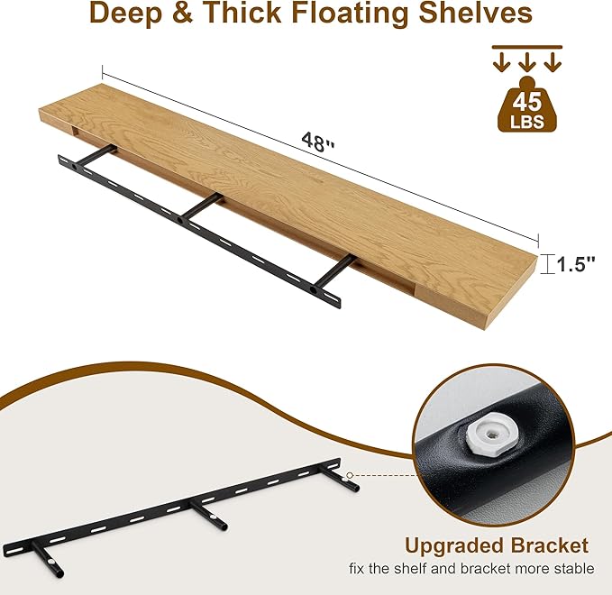 Fun Memories Floating Shelves for Wall, 48Inch Long Floating Shelves Set of 1, Hanging Shelf with Invisible Brackets, Wood Shelves for Living Room, Bedroom, Kitchen, Oak