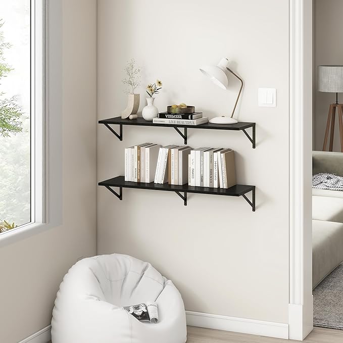 Fun Memories 40 Inch Floating Shelves, 12 Inch Deep Wall Shelf, 40 x 12 Floating Shelf Set of 2, Black Wood Floating Shelf Wall Mounted, Large Kitchen Living Room Bedroom Storage Shelves