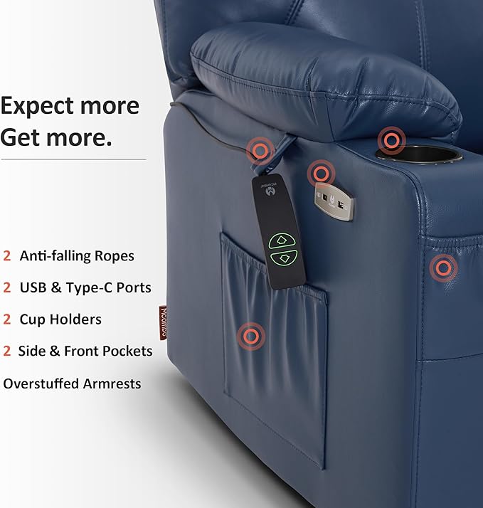 MCombo Extra Wide Power Lift Recliner Chair for Elderly, Lift Chair with Heat and Massage for Big People, USB&Type C Ports, Cup Holders, Faux Leather R7045 (Blue, Medium-Wide)