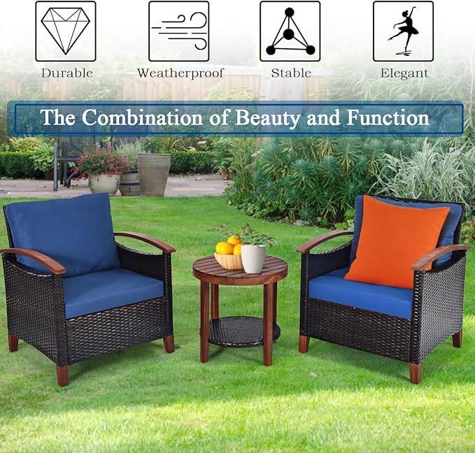 Tangkula 3 Pieces Patio Furniture Set, Outdoor Rattan Sofa and Side Table w/Solid Acacia Wood Frame, High Load Bearing Conversation Bistro Set w/Washable and Removable Cushions (Navy Blue)