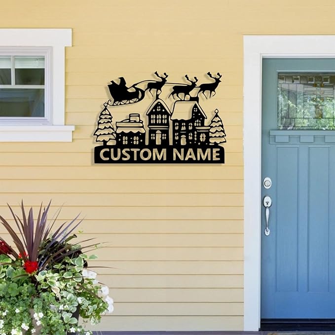 Personalized Christmas Metal Sign, Custom Name Metal Sign Wall Decor, Merry Christmas Tree Signs Outdoor Wall Decoration for Home Living Room, Bedroom, Office, Garden, Porch