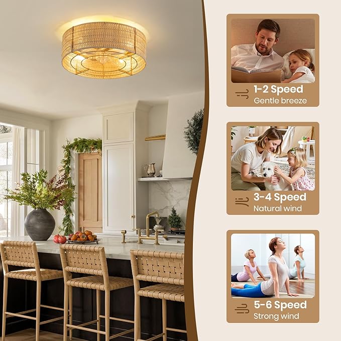 Boho Ceiling Fan with Light, Rattan Fandelier Flush Mount with Remote, Reversible Motor, Enclosed Low Profile Wicker Cage,Farmhouse Caged Ceiling Fans for Bedroom, Living Room, Kitchen