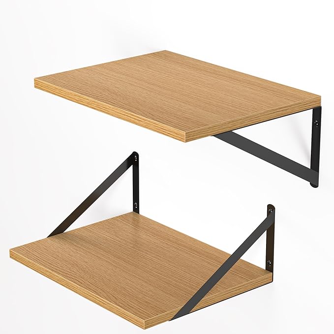 Heimlove 12 Inch Deep Floating Shelves for Wall, 16W x 12D Wood Wall Shelves Set of 2, Rustic Oak Wide Floating Bookshelf for Living Room, Kitchen, Office, Bedroom, with Black Metal Bracke - Oak