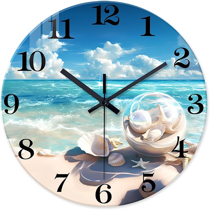 XNM Blue Round Office Wall Clock Large 16 Inch Beach Glass Clocks Battery Operated Silent Wall Clock Non Ticking