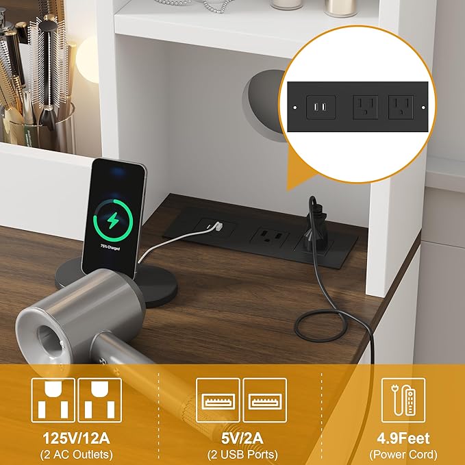 IDEALHOUSE Farmhouse Vanity Desk with Mirror and Lights, White Makeup Vanity Set with Stool, Power Outlet, 3 Color Lighting Modes Bulbs, Drawers & Cabinets, Dressing Table for Bedroom, White