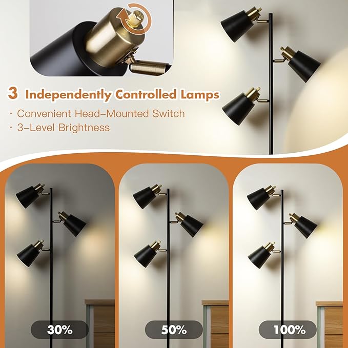 Tree Floor Lamp for Living Room, Industrial 3-Light Standing Lamp with 3 LED Bulbs, Adjustable Rotation Heads, Standing Tall Pole Lamp Farmhouse Rustic Reading Lamps for Bedroom Office (Black Gold)