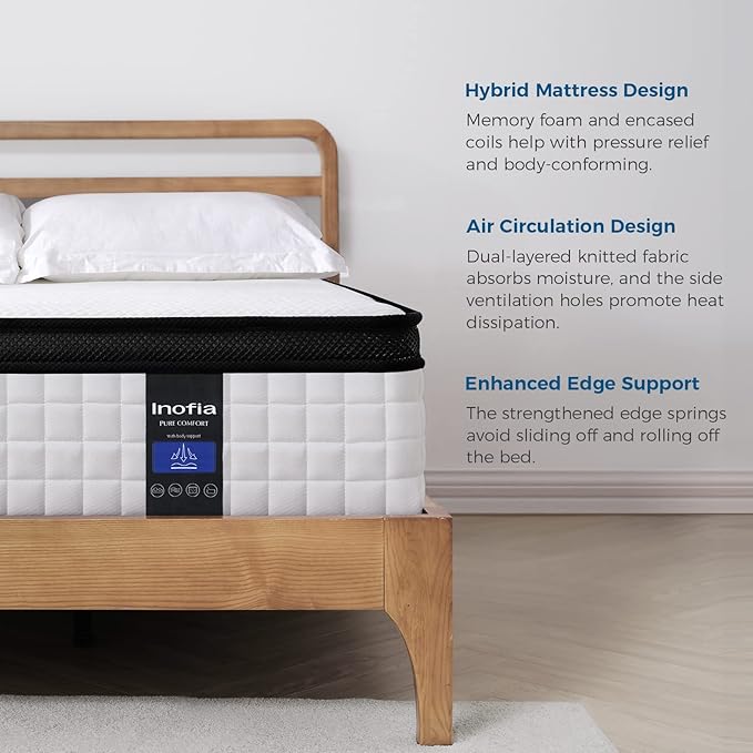Inofia 12 inch King Mattress Hybrid with Waterproof Rayon Mattress Protector Included, Medium Firmness Cool Bed for Ultimate Support, Motion Isolation for Any Sleepers, King Size Mattresses