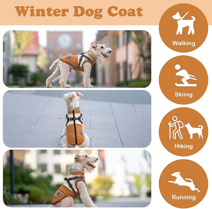 Winter Dog Coat - Waterproof, Windproof Turtleneck Fleece Vest with Harness, Reflective Snow Jacket for Small to Large Dogs, Orange XL