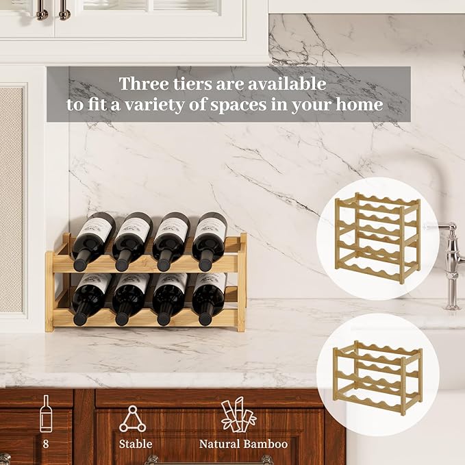 Wine Rack，Bamboo Wine Storage Cabinet Shelf，Countertop Wine Shelf- Freestanding Wine Holder for Kitchen & Pantry (Natural, 2-Tier)